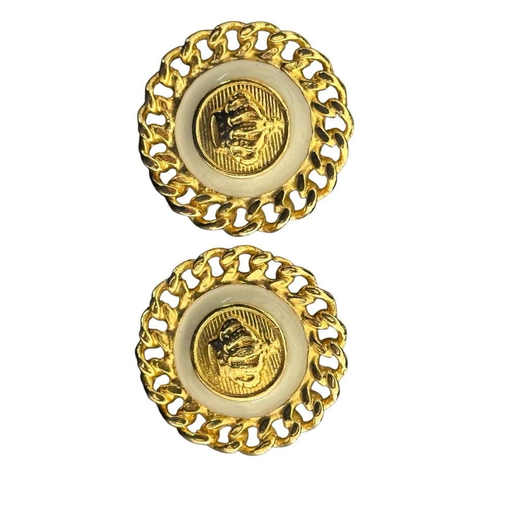 Gold tone and white enamel big round shape push backs earrings With Crown